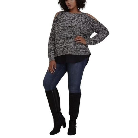 Torrid Marled Cold Shoulder Split Back Sweater Top Black White Size 1 (14-16) - Picture 1 of 7